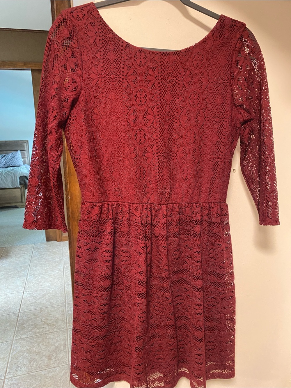 Lily Star Burgundy Lace Long-Sleeve Fit & Flare Dress
